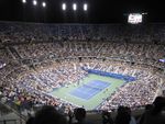 A view of the main court surrounded by crowded bleachers