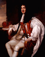 Painting of seated male figure, with long black hair wearing a white cape and britches.