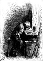 A drawing of a boy with longish light hair wearing a work gown, sitting on a stool in a shadowy corner of a room, slumped over a work desk, his head resting on his left forearm, appearing exhausted. His right hand is resting above his right knee. On the desk and adjacent to it are some work materials.