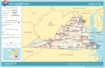 Map of Virginia with major highways running mostly north-south across it, with several connected. Major cities are marked on it, as are the neighboring states.