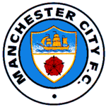 A round badge with the words "Manchester City F.C." around the edge. In the middle is a shield with a ship in the upper half and red rose in the lower half