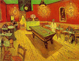 patrons are present at a sparsely attended venue with half full seating tables along the right and left walls, while the back wall has a taller piece of furniture with bottles atop it next to a doorway and in the center of the room is a large piece of furniture that may be a billiards table. Bright lanterns hang from the ceiling and one person is standing.