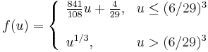 f(u)= \left\{\begin{array}{ll}\frac{841}{108}u + \frac{4}{29}, & u \le (6/29)^3 \\ \\
u^{1/3}, & u > (6/29)^3\end{array}\right.