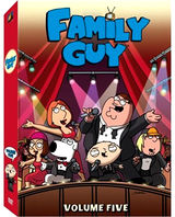 A cover of a DVD, with a cartoon, animated family singing in all suits on a stage, with lights behind them.