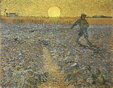 A man is scattering seeds in a ploughed field. The figure is represented as small, and is set in the upper right and walking out of the picture. He carries a bag of seed over one shoulder. The ploughed soil is grey, and behind it rises standing crop, and in the left distance, a farmhouse. In the center of the horizon is a giant yellow rising sun surrounded by emanating yellow rays. A path leads into the picture, and birds are swooping down.