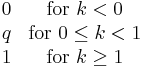 
    \begin{matrix}
    0 & \mbox{for }k<0 \\q & \mbox{for }0\leq k<1\\1 & \mbox{for }k\geq 1
    \end{matrix}
    