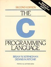 Book cover for "The C Programming Language", second edition, featuring text in black serif capital letters on white background and very large light blue sans-serif letter C.