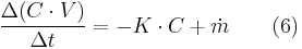 \frac{\Delta (C \cdot V)}{\Delta t} = -K \cdot C + \dot{m} \qquad(6)