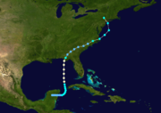 A color-coded chart shows that Hurricane Agnes began as a tropical depression over the Yucatán Peninsula in Mexico, turned sharply northward and became a tropical storm after entering the Caribbean Sea. It gained hurricane strength as it crossed the Gulf of Mexico but weakened to a tropical depression again after striking the U.S. mainland and turning to the northeast. After crossing several southeastern states, it entered the Atlantic Ocean off the coast of North Carolina and regained tropical-storm strength. It then curved back to the northwest and, striking the mainland again, it passed close to Pennsylvania.