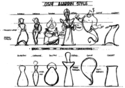 A style guide, depicting above the characters, and below the geometrical shapes they follow. Notes on design, such as "High hip" for Jasmine and "Broad shoulders" for Jafar are scattered through the page. Atop the page is written "0514 - Aladdin Style"