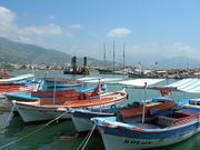 Numerous white, blue, and orange boats float tied to a dock in a greenish sea. Mountains rise on the other side of a bay.