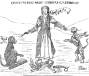 A caricature showing a woman defending himself from a monkey, a leopard and a snake. The woman's right forearm reads Shkodër and the left reads Janina.