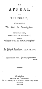 Title reads: "An Appeal to the Public, on the Subject of The Riots in Birmingham. To which are Added, Strictures on a Pamphlet, intitled 'Thoughts on the late Riot at Birmingham.' By Joseph Priestley"