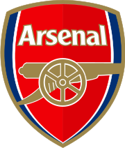 Red shield with large gold cannon below the word "Arsenal" in white letters. Thin white and blue stripes line the shield's left and right edges.