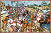 Mounted knights chase their enemies off to the right, across a river.