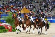 Three riders in matching equipment on matching brown horses, cantering in a dirt ring. In the background are potted plants and stadium seating full of spectators.