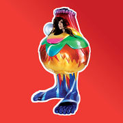 In the picture we can see in front of a red background, a king of metal sculpture with the shape of a "fat" bottle with feet, decorated with many colours and flowers, it has a big pearl in one of its sides, and it has a hole, which through we can see Björk's head.