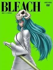 A DVD cover shows a woman with a skull mask on top of her long green hair, one of her hands rests on a sword, and a solemn look adorns her face. Behind is a bright green background. The word "BLEACH" is prominent at the top of the cover.