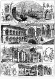  An engraving showing at the top a sailing ship and paddle steamer in a harbour, with sheds and a church spire. On either side arched gateways, all above a scroll with the word "Bristol". Below a street scene showing pedestrians and a horse drawn carriage outside a large ornate building with a colonnade and arched windows above. A grand staircase with two figures ascending and other figures on a balcony. A caption reading "Exterior, Colston Hall" and Staircase, Colston Hall". Below, two street scenes and a view of a large stone building with flying buttresses and a square tower, with the caption "Bristol cathedral". At the bottom views of a church interior, a cloister with a man mowing grass and archways with two men in conversation.