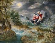 painting of a dark gray skies with trees and water, and a human image, flying, with arms outstretched