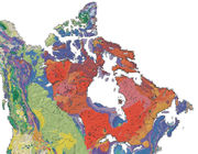 The Canadian Shield is a broad region of Precambrian rock (pictured in shades of red) that encircles Hudson Bay. It spans eastern, northeastern, and east-central Canada and the northern portion of the upper midwestern United States.