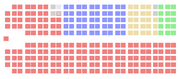 Most conspicuous is a sea of red, representing the Liberal Party. The Tories have fewer seats and the CCF and Social Credit have even fewer.