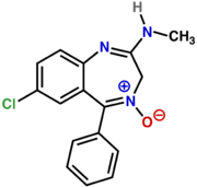 Chemical structure diagram of a benzene ring fused to a diazepine ring. Cl is attached to the benzene, N H CH3 and O are attached to the diazepine.