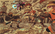 A dark landscape with nightmarish castle structures, the enemy character Magus airborne with a scythe and a hand casting magic, the character Lucca to the right pointing her gun at him, the characters Frog and Crono on the ground with swords drawn