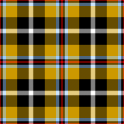 A square consisting of crossed lines of vivid colours. Yellow and black form thick, crossed lines producing large squares of colour, intersected by thinner lines of white, blue and red. The design is symmetrical and repeating.