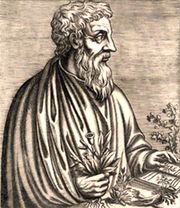 an ancient Greek black-and-white woodcut print of a middle aged bearded man.  His left hand rests on a book and in his right he holds a plant.