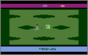 A horizontal rectangle video game screenshot that is a digital representation of grass field with large holes. Two characters stand in the middle of the field.