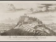 Engraving of a castle on top of a steep hill, above the title "The North East View of Edinburgh Castle". On the castle flies a large Union Flag with Scottish saltire part of flag most visible.