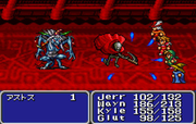 A virtual battle between monsters, with one party on the left and the other on the right.