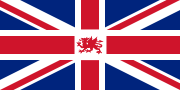 Union Flag with intersection of red vertical and horizontal bars replaced by a red dragon on white background.