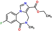 Chemical structure of the benzodiazepine flumazenil, which contains a imidazole ring fused to positions one and two, a methyl group at position four, an exocylic carbonyl oxygen atom a position five, and a fluorine atom at position seven.