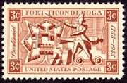 A stamp, red ink on white background. The corners are labeled "3c" in reverse. A banner across the top reads "Fort Ticonderoga", one across the bottom reads "United States Postage". A banner down the left side reads "Bicentennial" in italic script, and one on the right reads "1755-1955". Imagery in the center of the stamp includes a diagram of the fort's layout, a colonial soldier brandishing a sword, and a cannon and cannon balls.