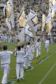 Eight men dressed in white uniforms run in a line across the stadium endzone carrying large white and gold flags.