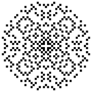 "A set of dots lying within a circle. The pattern of dots has fourfold symmetry, i.e., rotations by 90 degrees leave the pattern unchanged. The pattern can also be mirrored about four lines passing through the center of the circle: the vertical and horizontal axes, and the two diagonal lines at ±45 degrees."