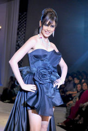 A smiling DiSouza, her hair in a loose bun and long dark bangs, poses on stage in a short, blue, highly styled dress with a thick train.