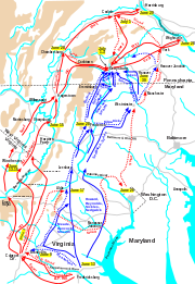 A map showing Union and Confederate movements at the corps level during the opening phases of the Gettysburg Campaign, with Stuart's cavalry ride shown with a red dotted line.