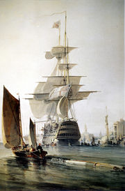  Rear view of large wooden ship, tall-masted and in full sail. Smaller vessels are in attendance.