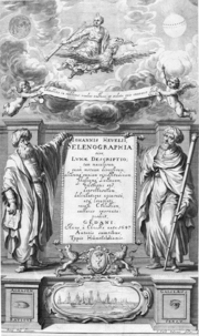 Frontispiece of book showing two persons in robes, one holding a geometrical diagram, the other holding a telescope.