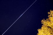 A streak of light in a starry sky over some trees.