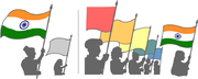 Sketch of eight people carrying flags in a procession, the first and last persons have the India tricolour