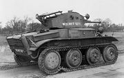 The side and rear of a Tetrarch light tank, with trees in the background