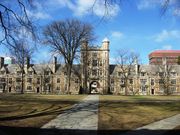 Gray stone pathways in a brownish-green lawn with a beige and white gothic building in the background