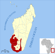 Map of Madagascar, off the southeast coast of Africa, with a range covering most of the southwest portion of the island.