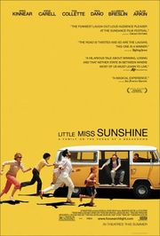 The movie poster shows the family feautered in the film chasing a Volkswagen Microbus. The title of the film is located above the vehicle. From left to right: the mother (wearing sunglasses, a white long-sleeve shirt, and pink pants) is in a running stance behind the vehicle, the son (wearing a yellow short-sleeve shirt and black pants) is pushing the vehicle, the uncle (wearing a pink short-sleeve shirt, a white long-sleeve shirt, white pants, and has a black beard) is in a running stance, the daughter (wearing a red headband, red shirt, blue shorts, and glasses) is near the open door of the vehicle, the grandfather (wearing a white t-shirt, a black vest, and gray pants) is seated in the vehicle reaching for the daughter, and the father (wearing a red t-shirt and sunglasses) is driving the vehicle and looking back at his family. The poster has an all-yellow background and, at the top, features the cast's names and reviews by critics. The bottom of the poster includes the film's credits, rating, and release date.