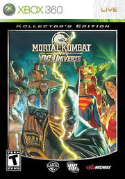 The game cover is stamped with "Xbox 360" and "LIVE" across the top, with a white background.  On the actual cover the words "Kollector's Edition" are seen across the top, with the Mortal Kombat logo and the words "Mortal Kombat vs DC Universe" below it. A lightning bolt splits the cover in two, with one side showing half an image of the Mortal Kombat character Scorpion, the other side showing half an image of Batman.  Behind the figures are additional characters from their respective universes, each on their respective side.  ESRB T for Teen, Warner Bros., DC Comics and Midway Games logos are across the bottom, from left to right respectively.