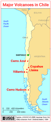 Five major volcanoes range from Cerro Azul in central Chile, south through Copahue, Llaima, and Villarrica, to Cerro Hudson.